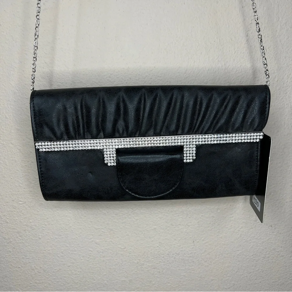 NEW MMS Black Faux Leather Rhinestone Accent Clutch Purse Silver Chain Strap